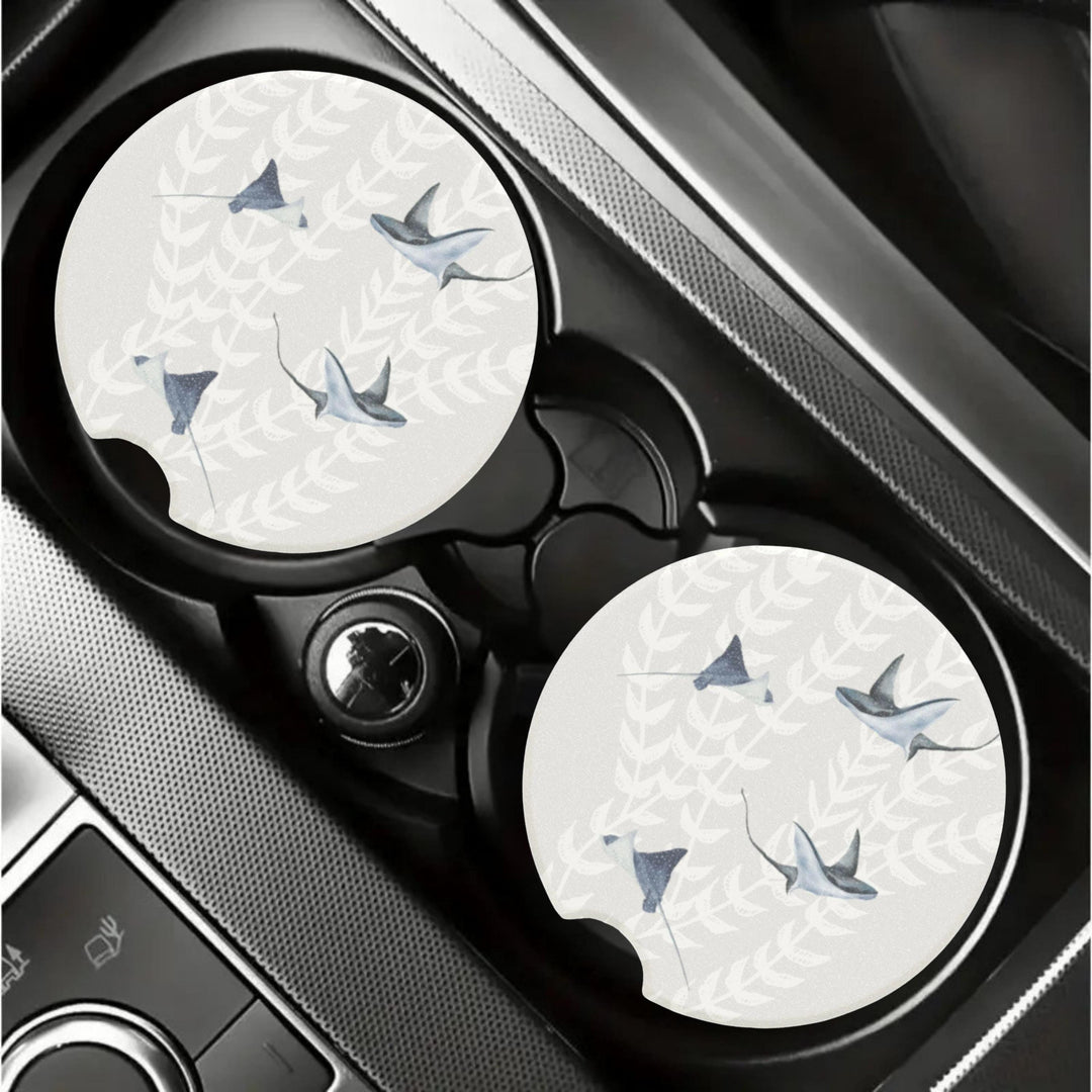 Ocean Stingray Car Coasters (Set of 2) | Natural Soapstone Absorbent Cup Holder Inserts