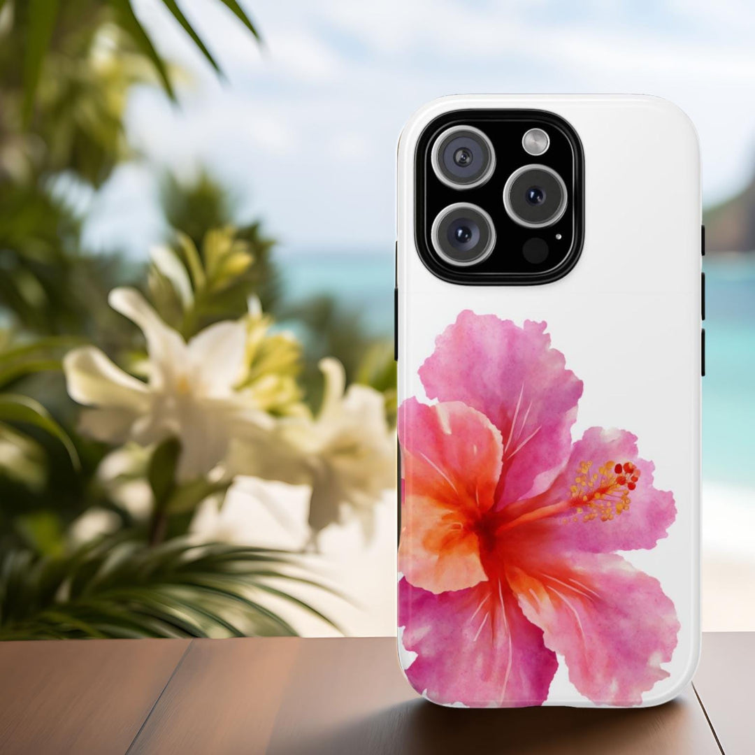 A white Phone case with a vibrant pink and orange hibiscus flower watercolour design