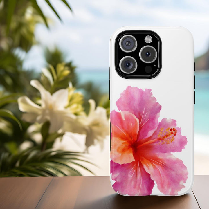 A white Phone case with a vibrant pink and orange hibiscus flower watercolour design