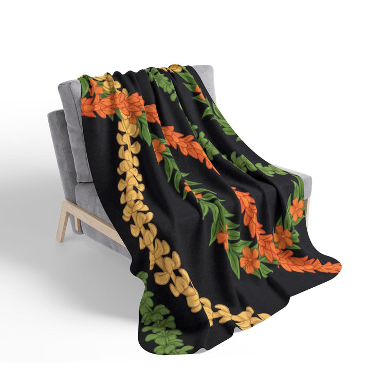 Hawaiian Flower Lei Blanket: Cozy Sherpa Throw in Black & Gold