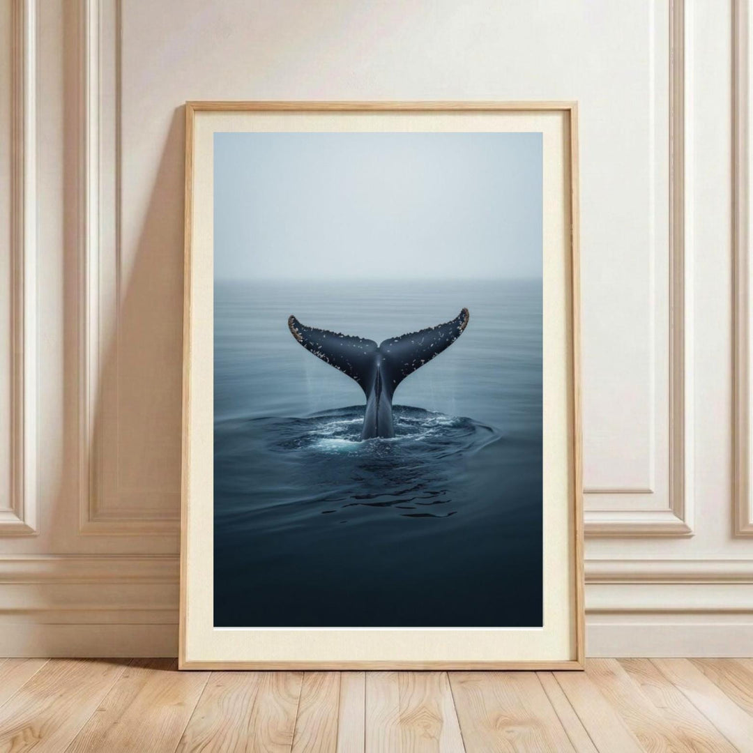 Minimalist watercolor painting of a humpback whale tail fluke rising from the water, textured blue and teal ocean art on white background, modern coastal wall decor.