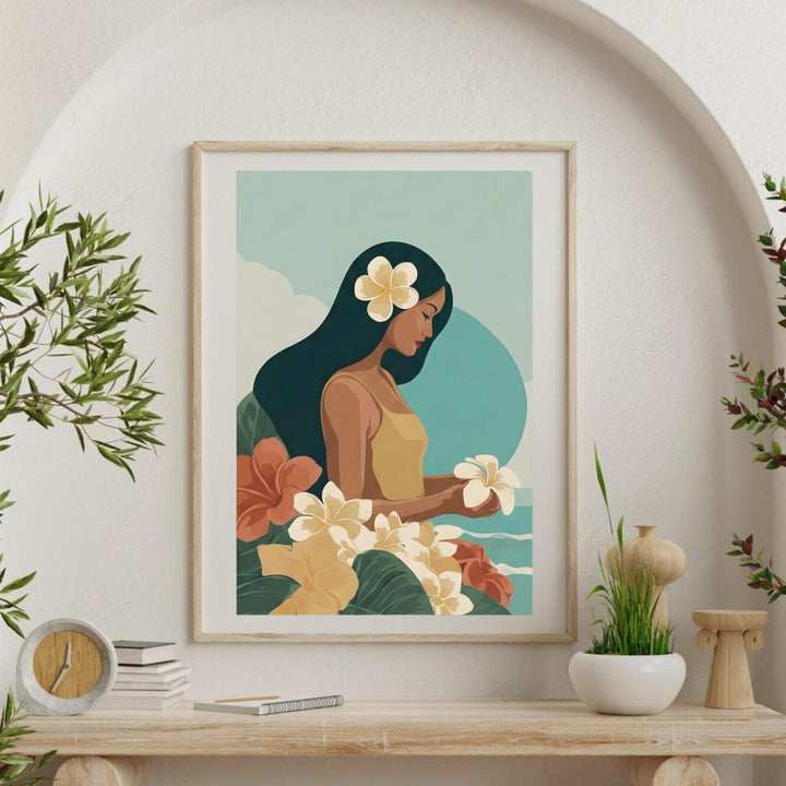 Vintage Hawaiian Coastal Art Print | Tropical Floral Watercolor Poster