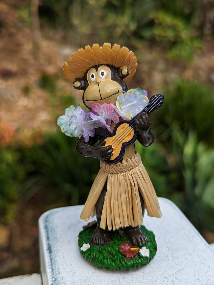 Dashboard Hula Doll: Cheeky Monkey, Aloha Vibes - Adhesive Base Mount