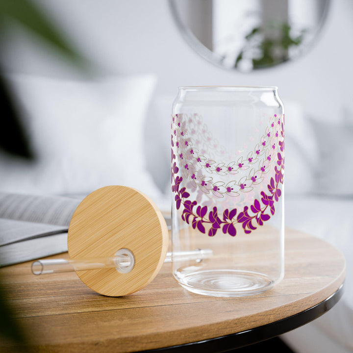 Tropical Glass Tumbler, Hawaiian Lei Design (16oz, Bamboo Lid)