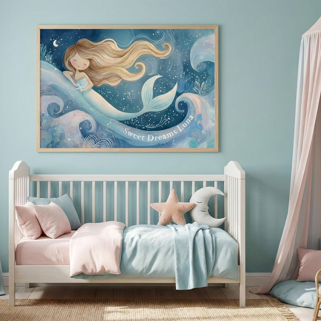Personalized Watercolor Mermaid Nursery Art, Custom Name Ocean Print, Coastal Baby Shower Gift