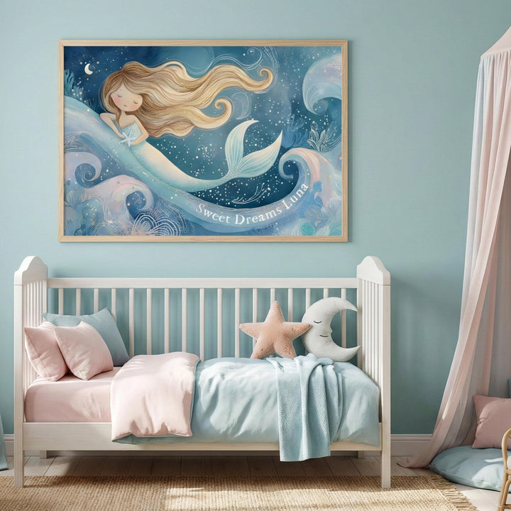 Personalized Watercolor Mermaid Nursery Art, Custom Name Ocean Print, Coastal Baby Shower Gift