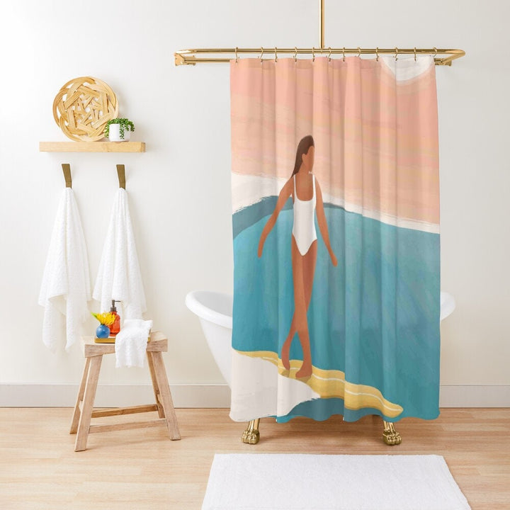Laguna Beach Surfing Girl Shower Curtain | Boho Coastal & Vintage Tropical Decor