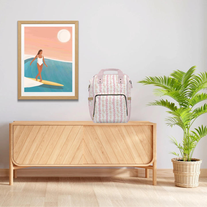 Pink Diaper Bag Backpack, Soft Plumeria Lei Floral Print