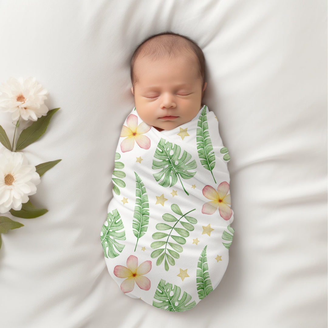 Baby Swaddle Blanket - Tropical Plumeria & Monstera Leaf Wrap, Soft Breathable Fabric