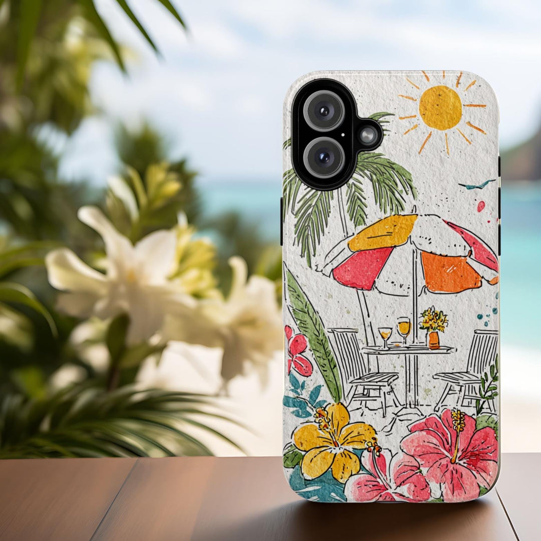 a phone case with a tropical beach scene, including a table with chairs, flowers, and a palm tree.