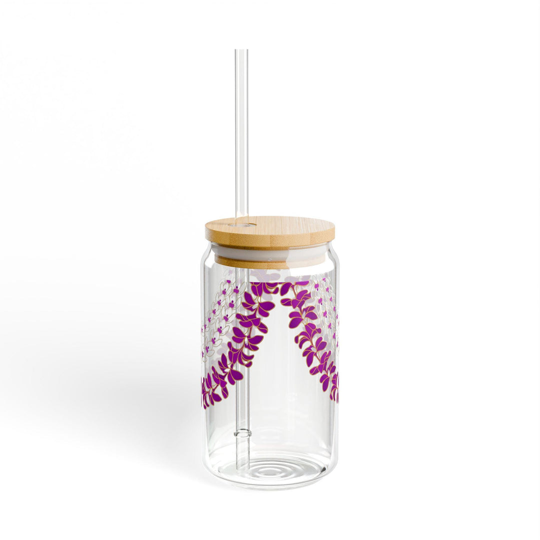 Tropical Glass Tumbler, Hawaiian Lei Design (16oz, Bamboo Lid)