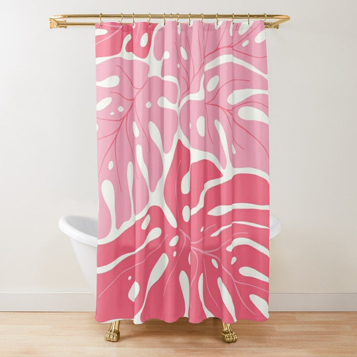Pink Monstera Shower Curtain 71"x74" | Tropical Botanical & Matisse Inspired Decor