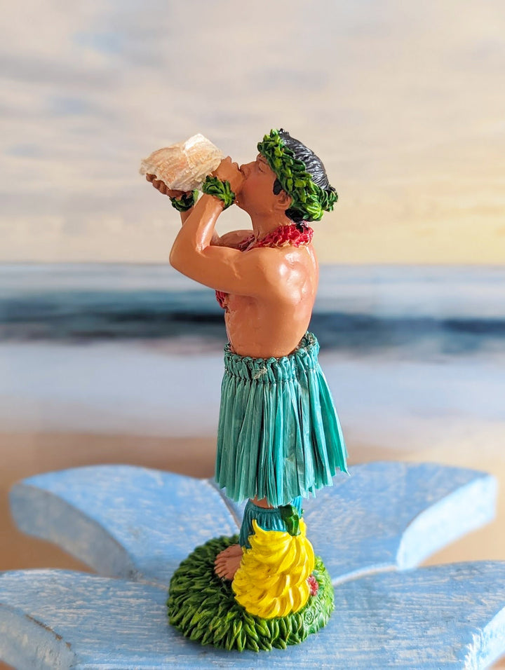 Hawaiian Dashboard Doll - Hand Painted Hula Girl Set With Natural Skirt