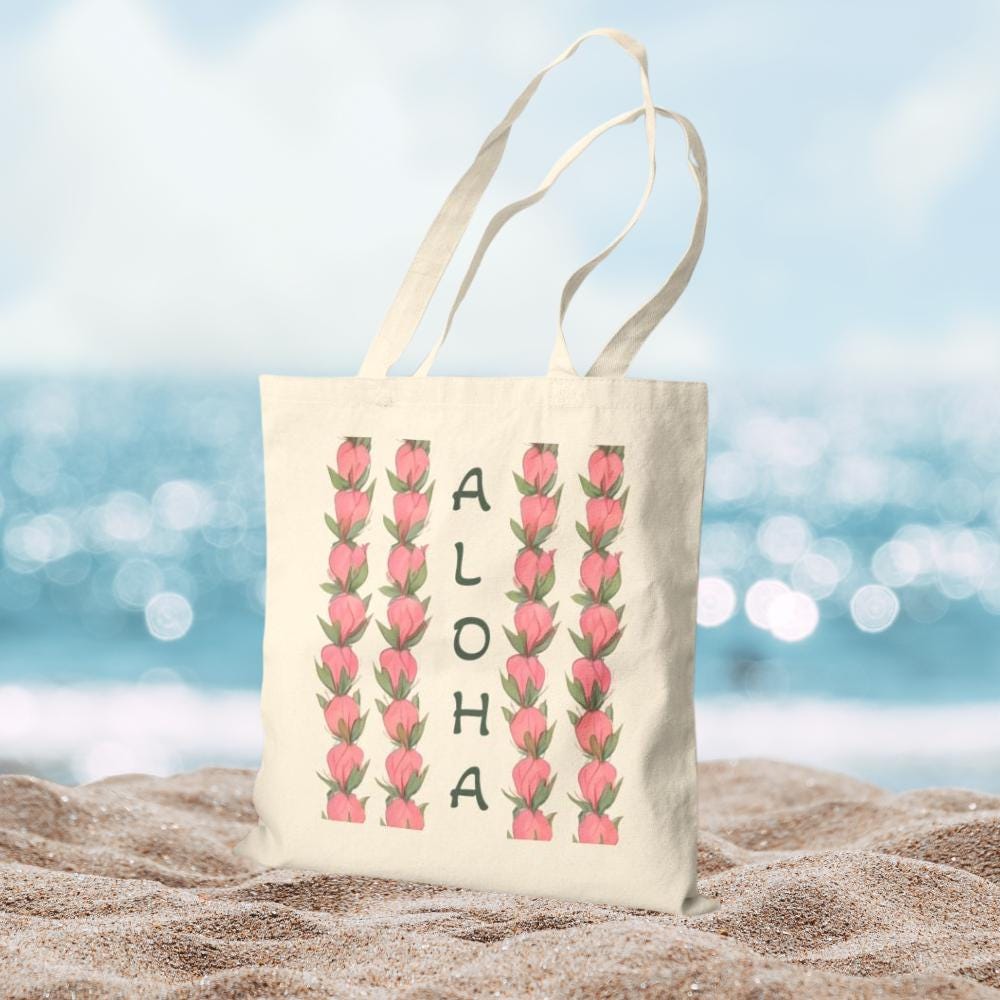"ALOHA" Flower Lei 15"x16" Canvas Tote Bag - Heavy-Duty Eco Market Bag