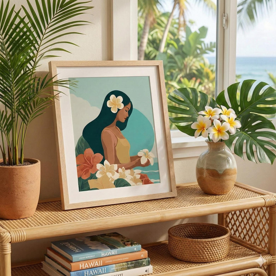 Vintage Hawaiian Coastal Art Print | Tropical Floral Watercolor Poster