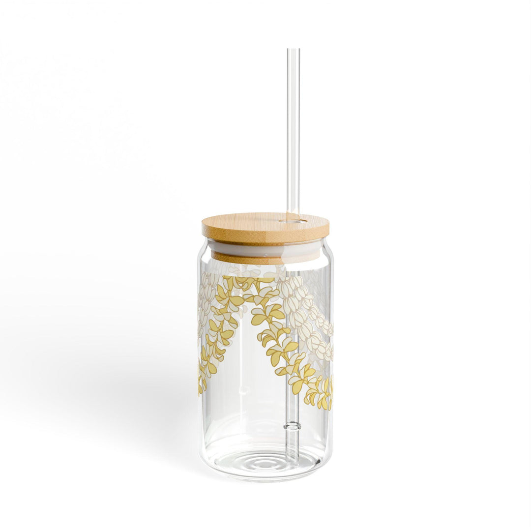 Tempered Glass Tumbler 16oz - Hawaiian Flower Lei Iced Coffee Cup with Bamboo Lid