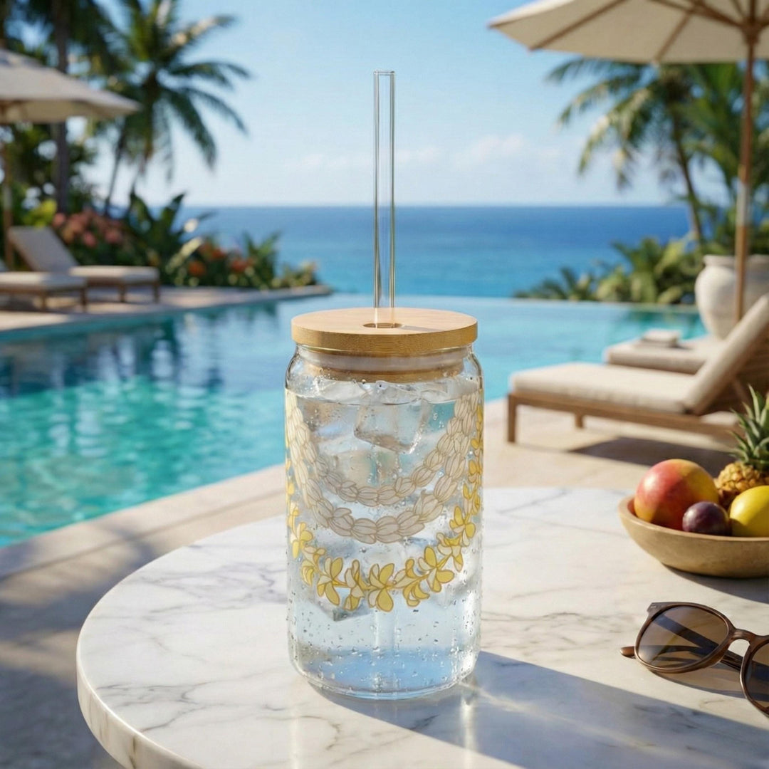 Tempered Glass Tumbler 16oz - Hawaiian Flower Lei Iced Coffee Cup with Bamboo Lid