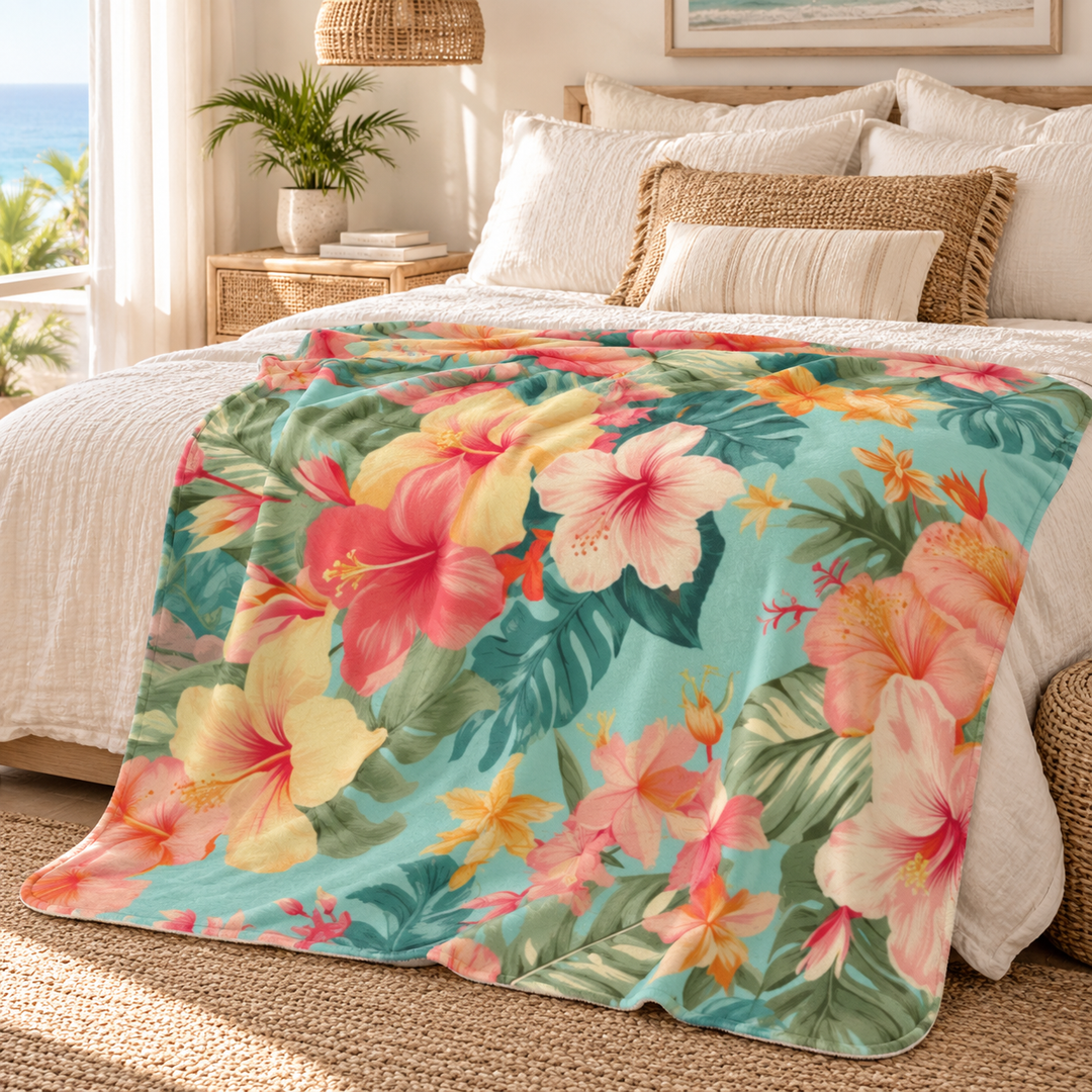 Honolulu Sherpa Fleece Throw Blanket | Tropical Hibiscus Print