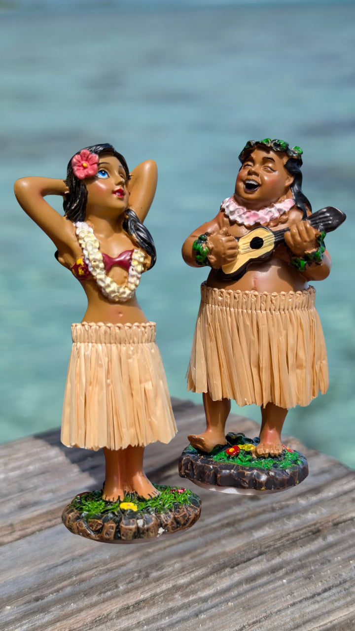 Hawaiian Dashboard Hula Doll Set (2) | Hand Painted Grass Skirt Tropical Car Decor