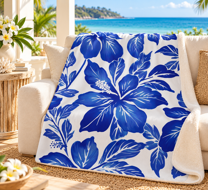 Bokissa Navy Blue Hibiscus Sherpa Fleece Throw Blanket