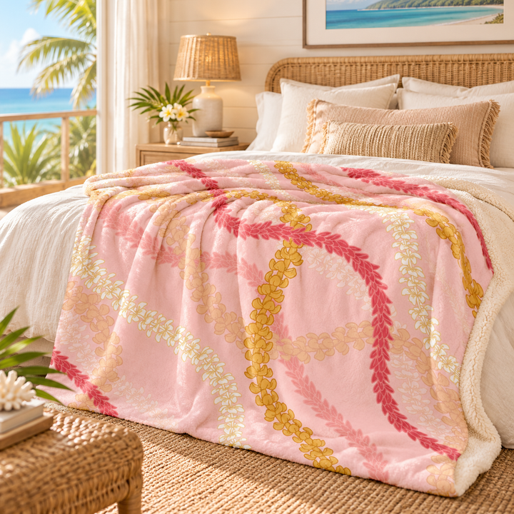 Pink Hawaiian Flower Lei Sherpa Fleece Throw Blanket