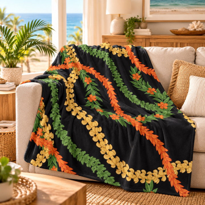 Hawaiian Flower Lei Blanket: Cozy Sherpa Throw in Black & Gold