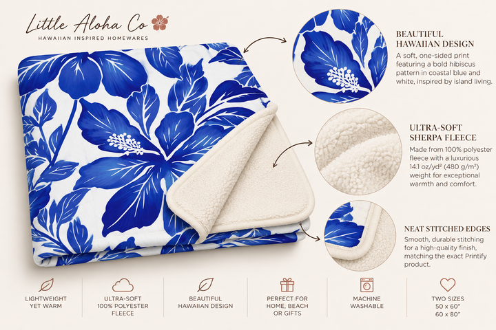 Bokissa Navy Blue Hibiscus Sherpa Fleece Throw Blanket