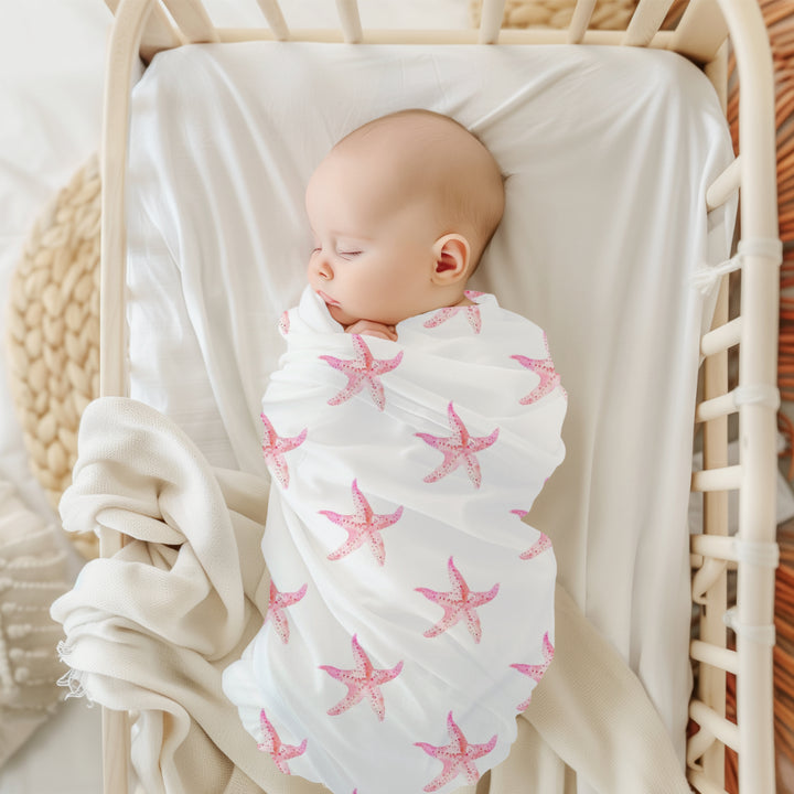Pink Starfish Baby Swaddle Blanket | Soft Breathable Jersey Polyester