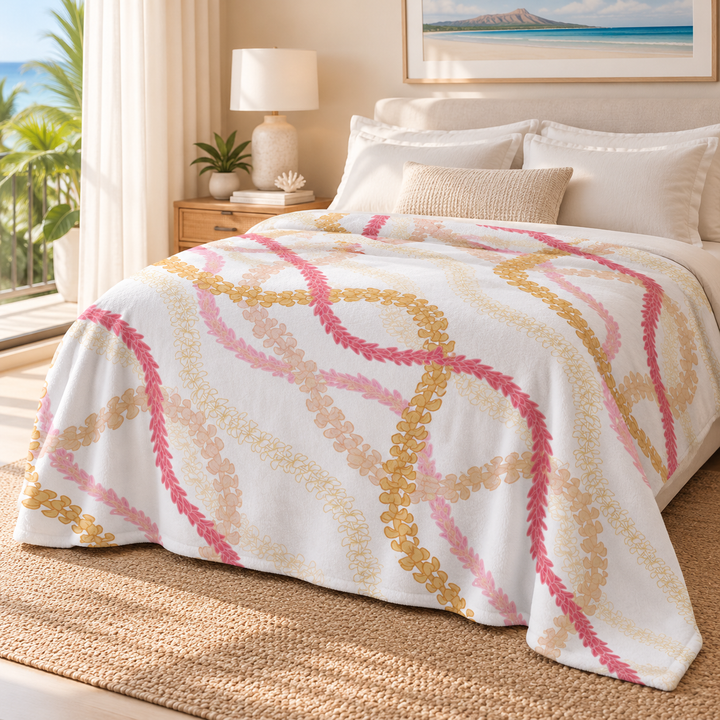 Flower Lei White Sherpa Fleece Throw Blanket | Tropical Floral Print