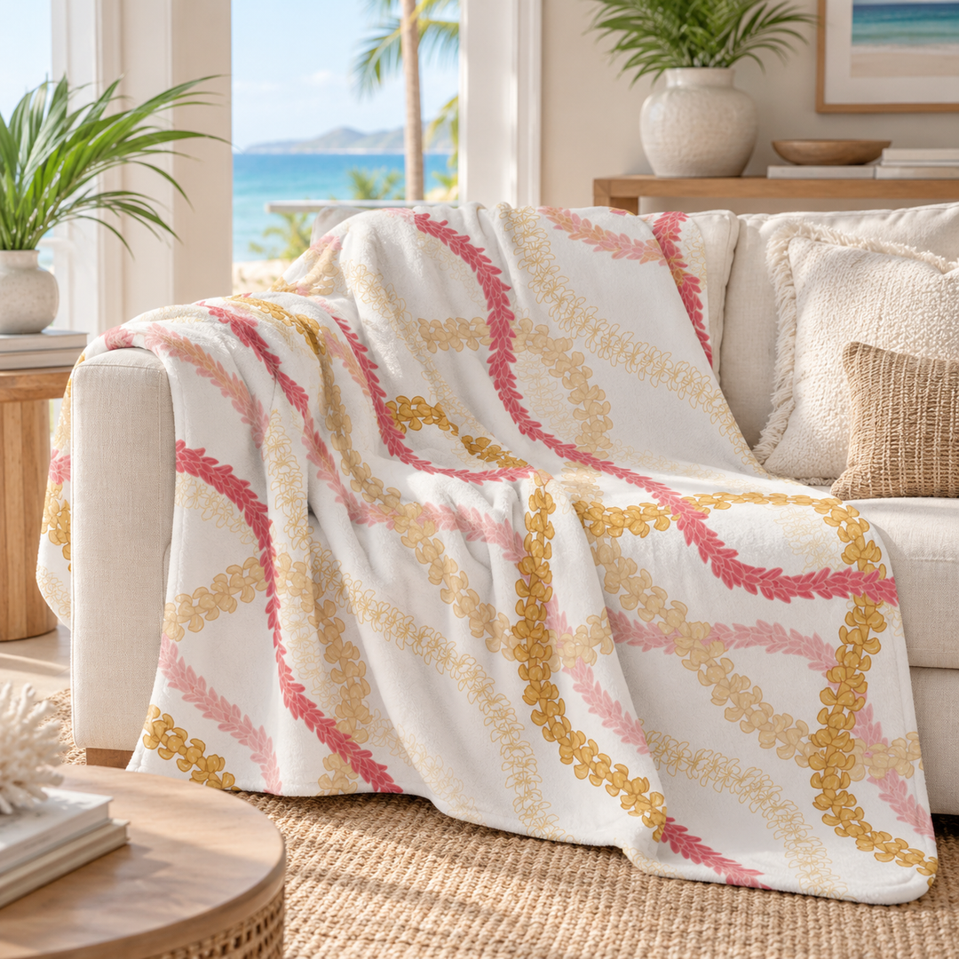 Flower Lei White Sherpa Fleece Throw Blanket | Tropical Floral Print