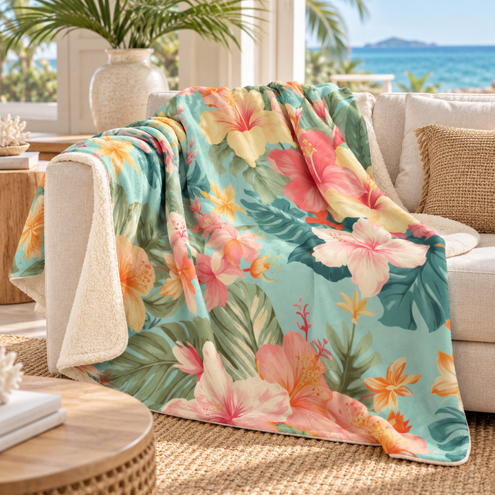 Honolulu Sherpa Fleece Throw Blanket | Tropical Hibiscus Print