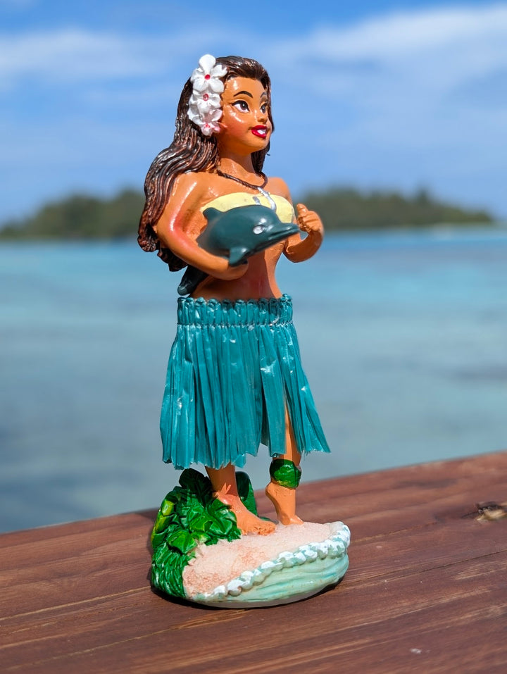 Hula Girl Dashboard Doll (4.3") with Dolphin Charm | Spring Action Hawaiian Car Decor
