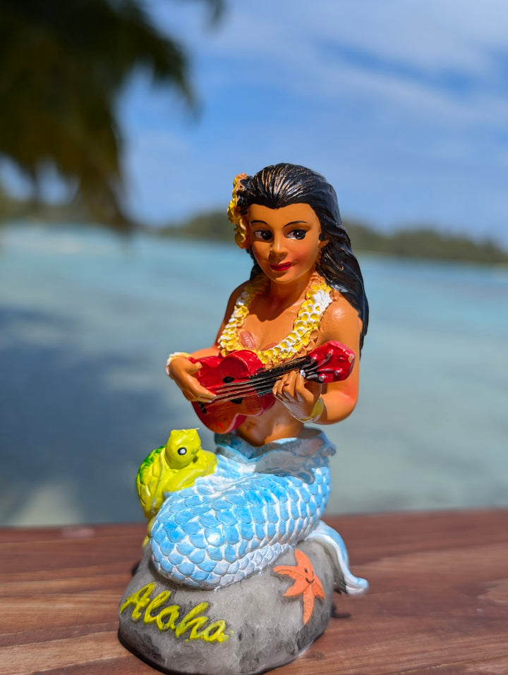 Mermaid Dashboard Doll (4.3") with Ukulele | Handcrafted Wobbling Tropical Car Accessory
