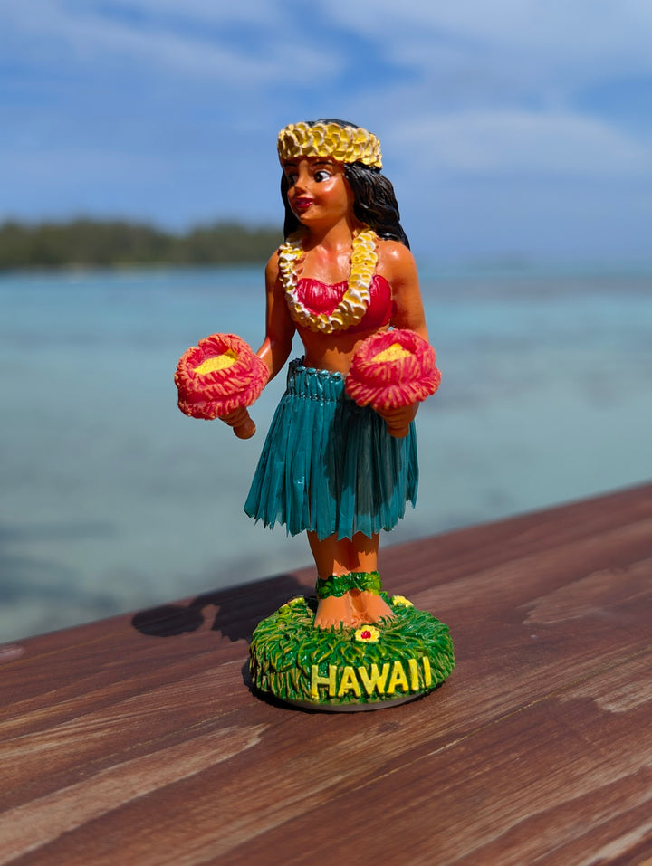 Hawaiian Dashboard Hula Doll (4") | Hand Painted Grass Skirt & Wobble Base Car Decor