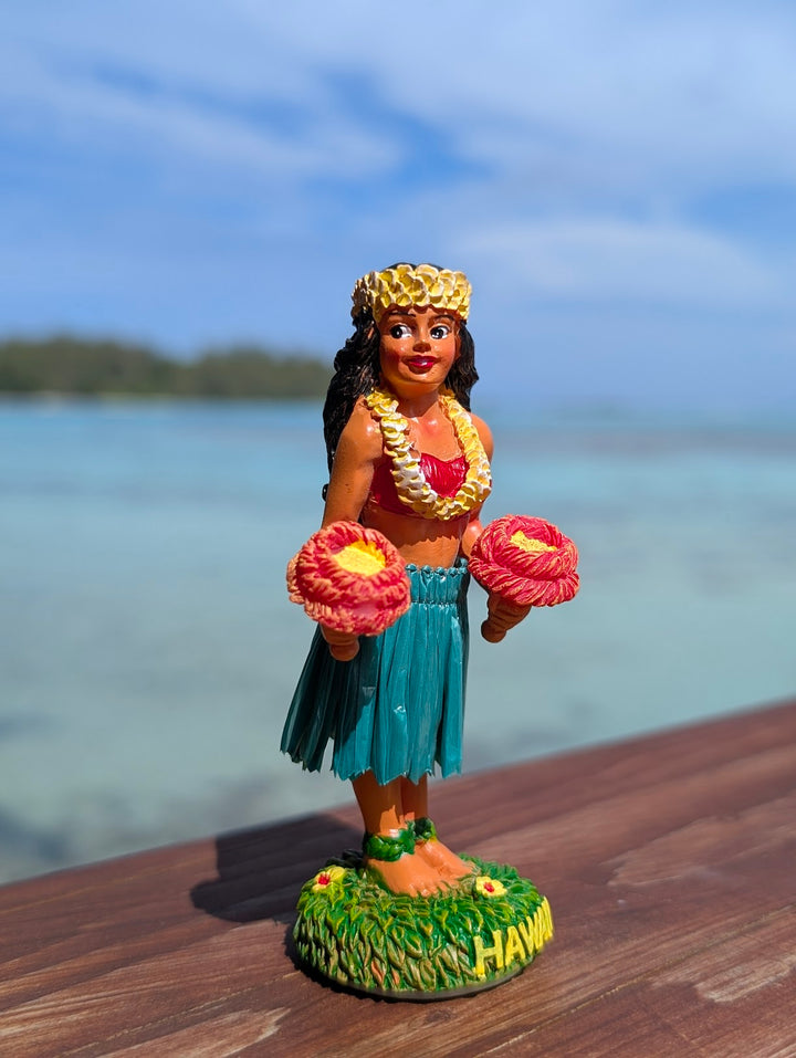 Hawaiian Dashboard Hula Doll (4") | Hand Painted Grass Skirt & Wobble Base Car Decor