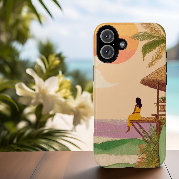 a colorful phone case with a tropical beach scene, including a woman sitting on a bench under a palm tree, a thatched roof hut, and a body of water in the background.