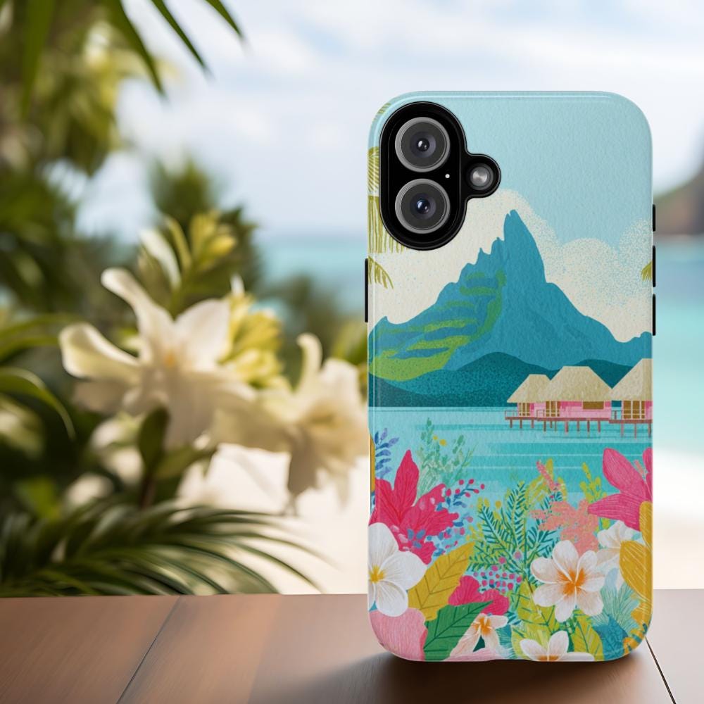 a colorful phone case an abstract Tahiti vintage postcard style with a tropical mountain landscape and flowers