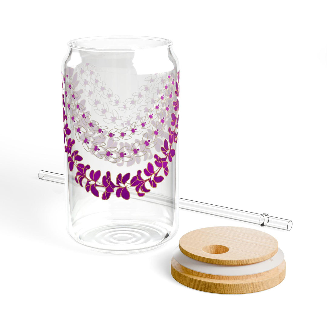 Tropical Glass Tumbler, Hawaiian Lei Design (16oz, Bamboo Lid)