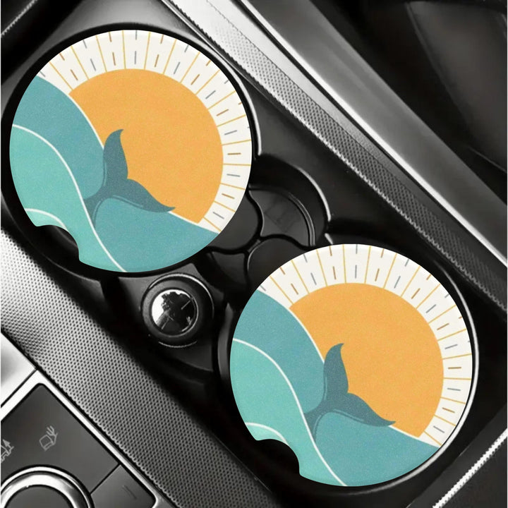 Whale Tail Car Coasters (Set of 2) | Soapstone Absorbent Cup Holder Liners & Coastal Decor