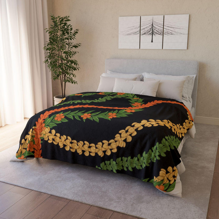 Hawaiian Flower Lei Blanket: Cozy Sherpa Throw in Black & Gold