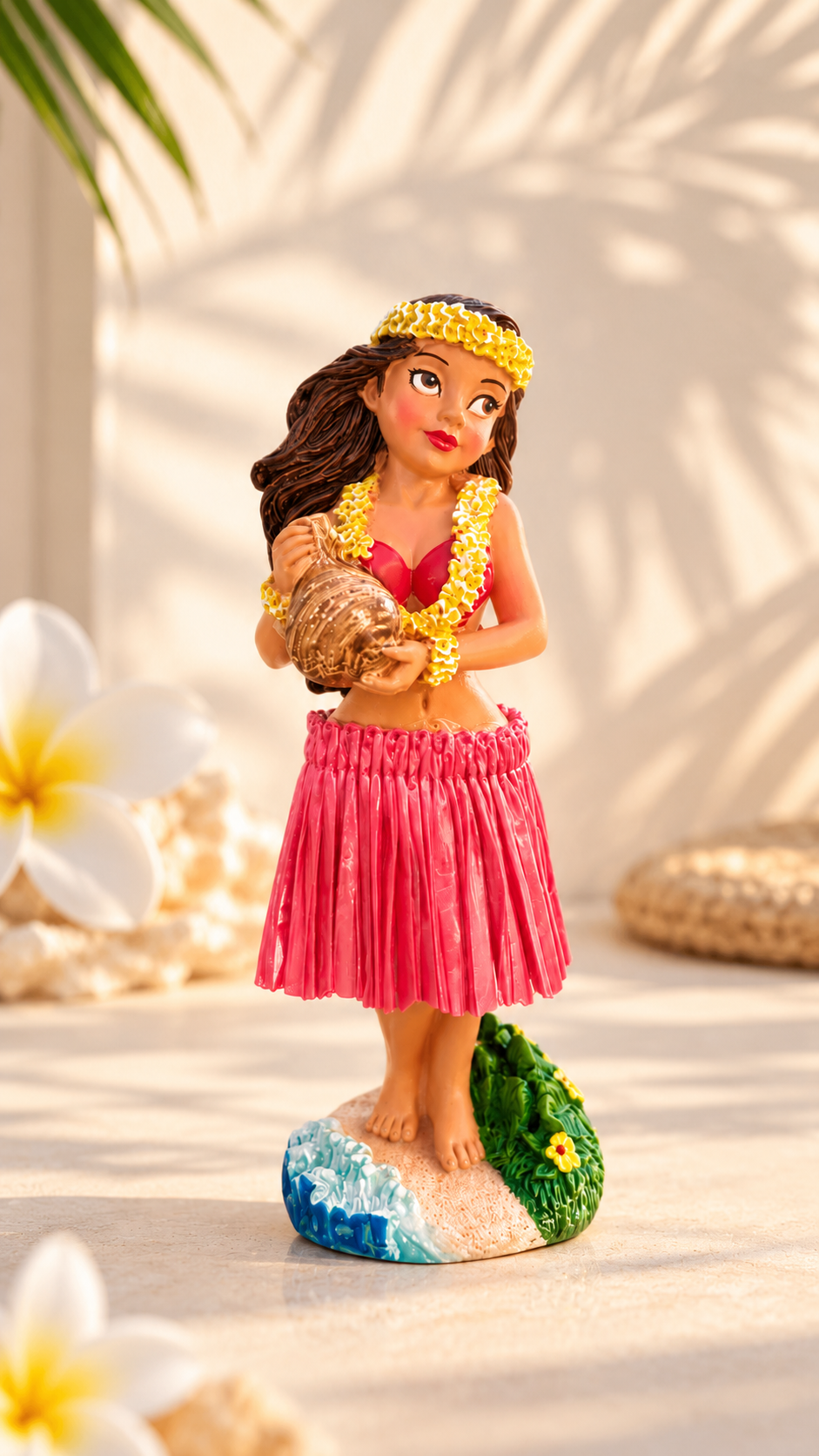 Dashboard Hula Doll: Hand Painted, Natural Skirt - Car Decor