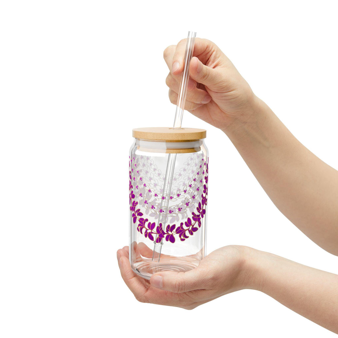 Tropical Glass Tumbler, Hawaiian Lei Design (16oz, Bamboo Lid)