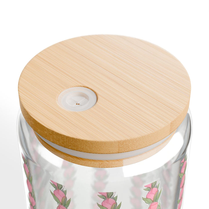 Flower Lei Glass Tumbler 16oz -  Tropical Iced Coffee Cup with Eco Bamboo Lid