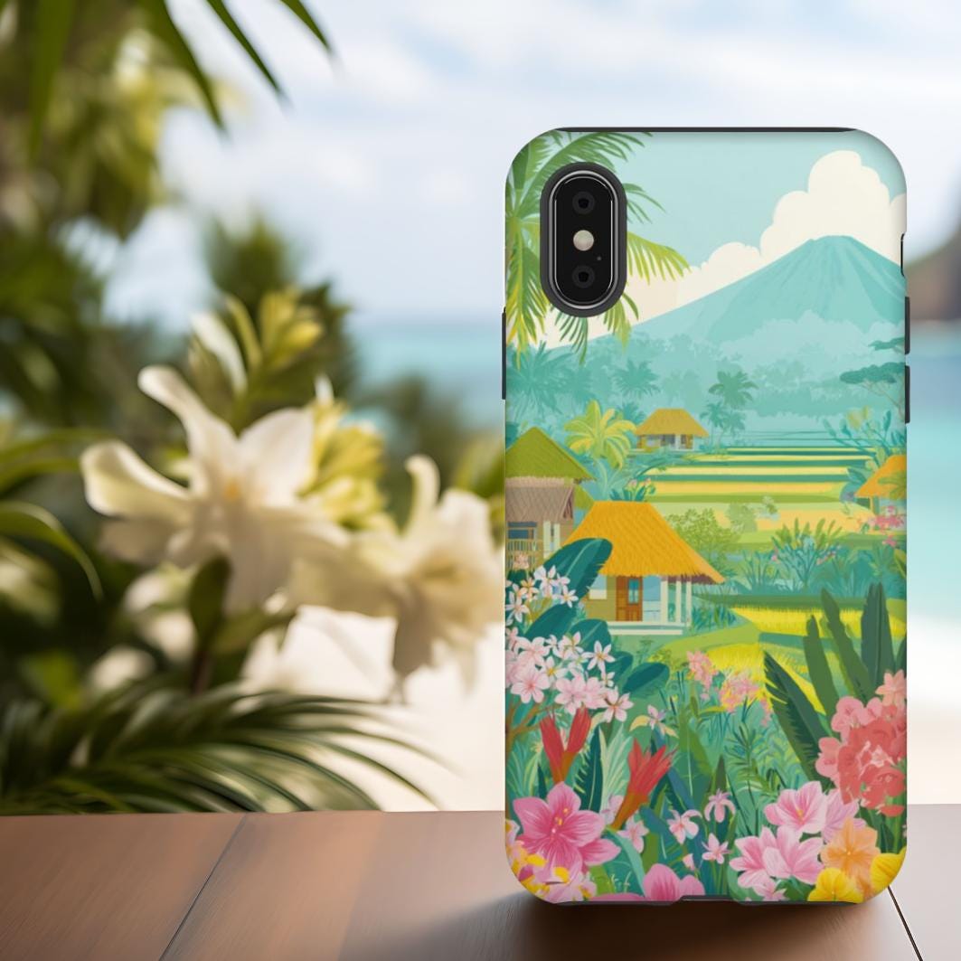 a colorful phone case with a tropical Bali landscape design, including a mountain, palm trees