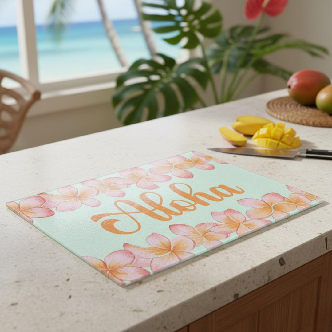 Plumeria Tempered Glass Cutting Board | Hawaiian Charcuterie Serving Tray