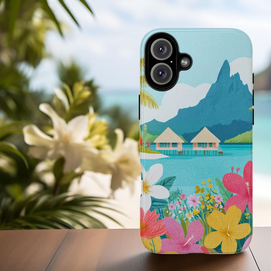 a colorful phone case an abstract vintage Tahiti postcard style with a tropical mountain landscape and flowers