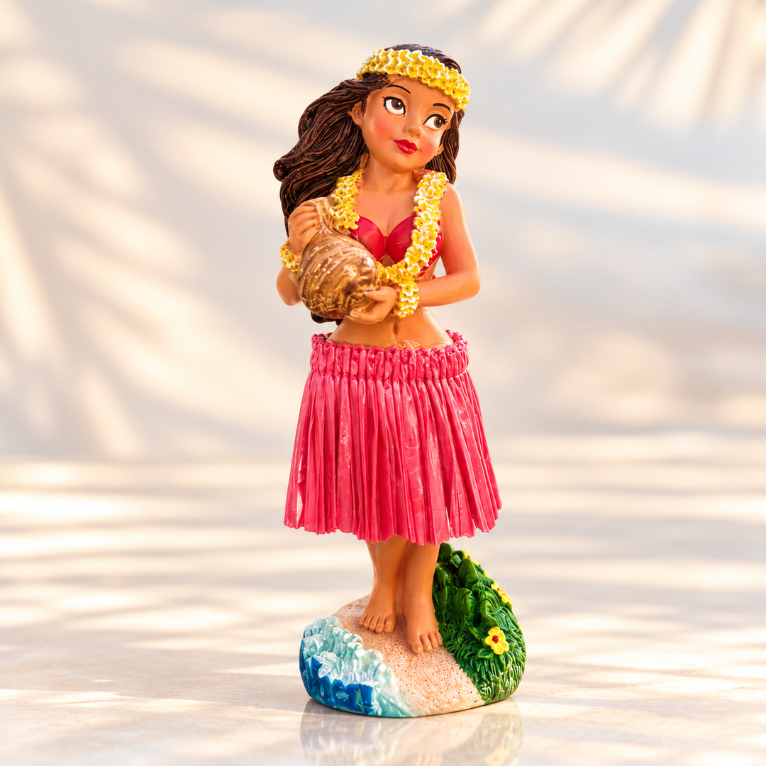 Dashboard Hula Doll: Hand Painted, Natural Skirt - Car Decor