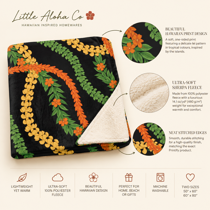 Hawaiian Flower Lei Blanket: Cozy Sherpa Throw in Black & Gold