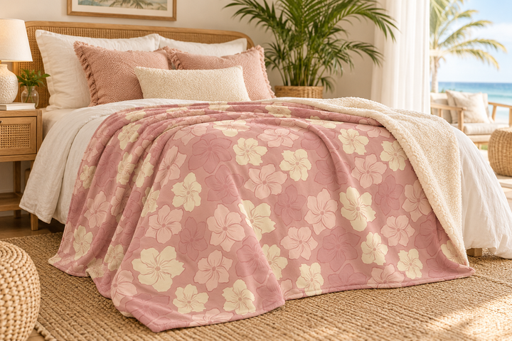 Mokule'ia Tropical Sherpa Blanket | Hawaiian Floral Plush Fleece Throw