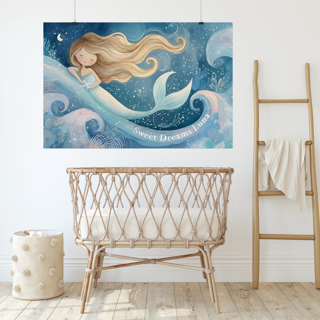 Personalized Watercolor Mermaid Nursery Art, Custom Name Ocean Print, Coastal Baby Shower Gift